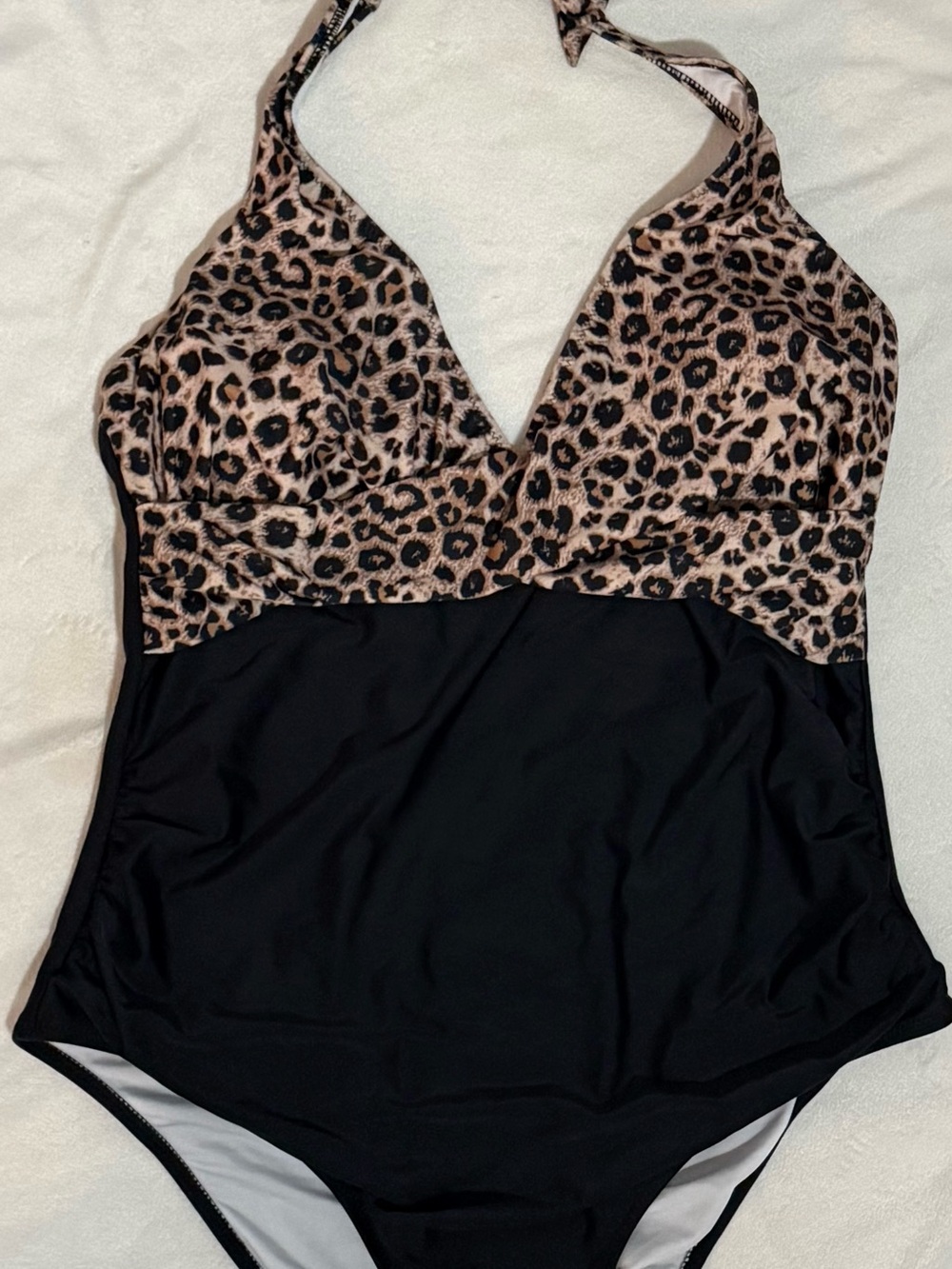 Leopard Halter One-Piece Swim Suit - Black and Leopard Print